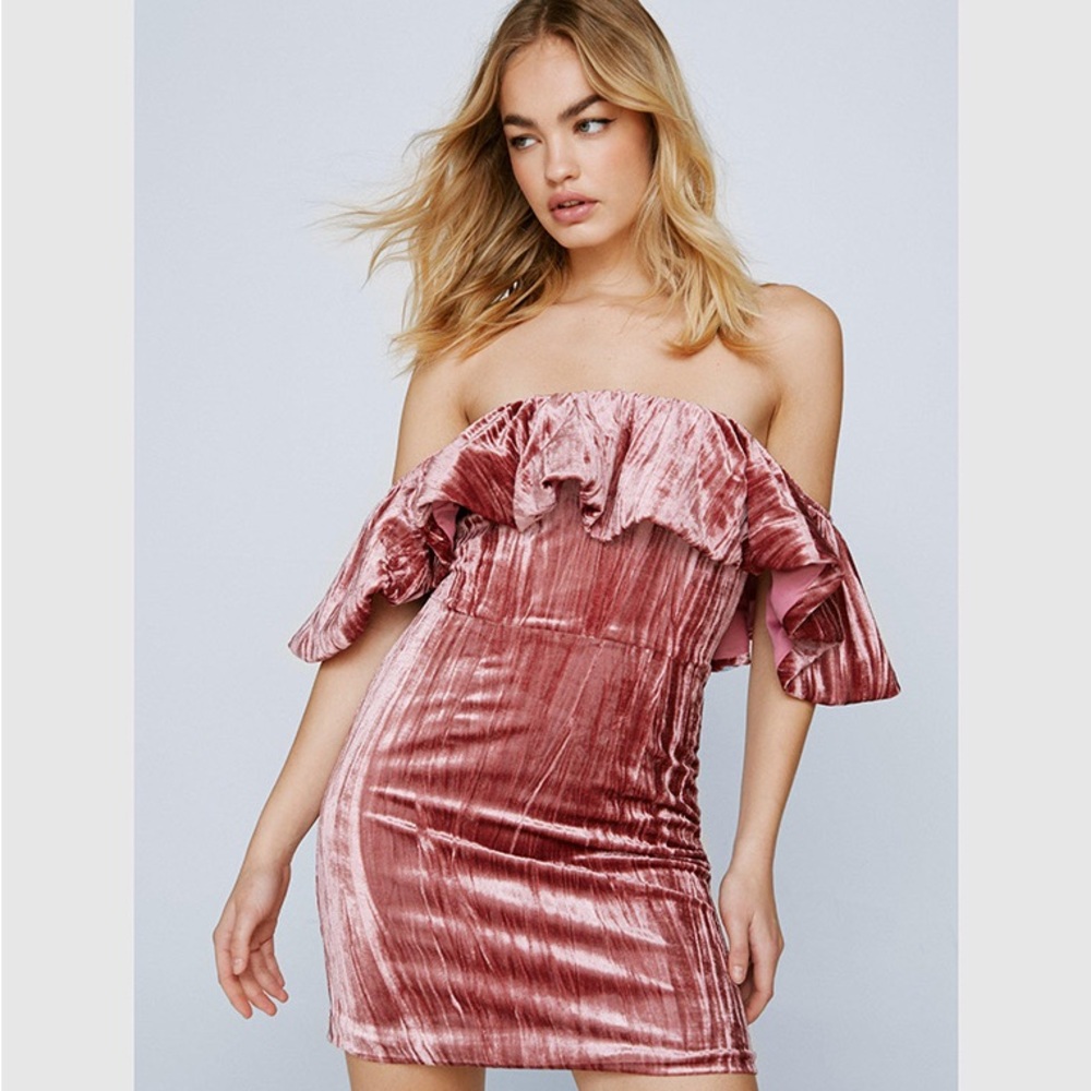 NWT NastyGal Structured Velvet Frill Bardot Mini Dress size 2